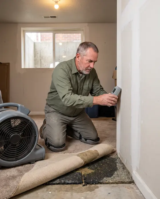 A restoration technician kneels on pulled-back basement carpet and checks the drywall with a moisture meter below a window well.